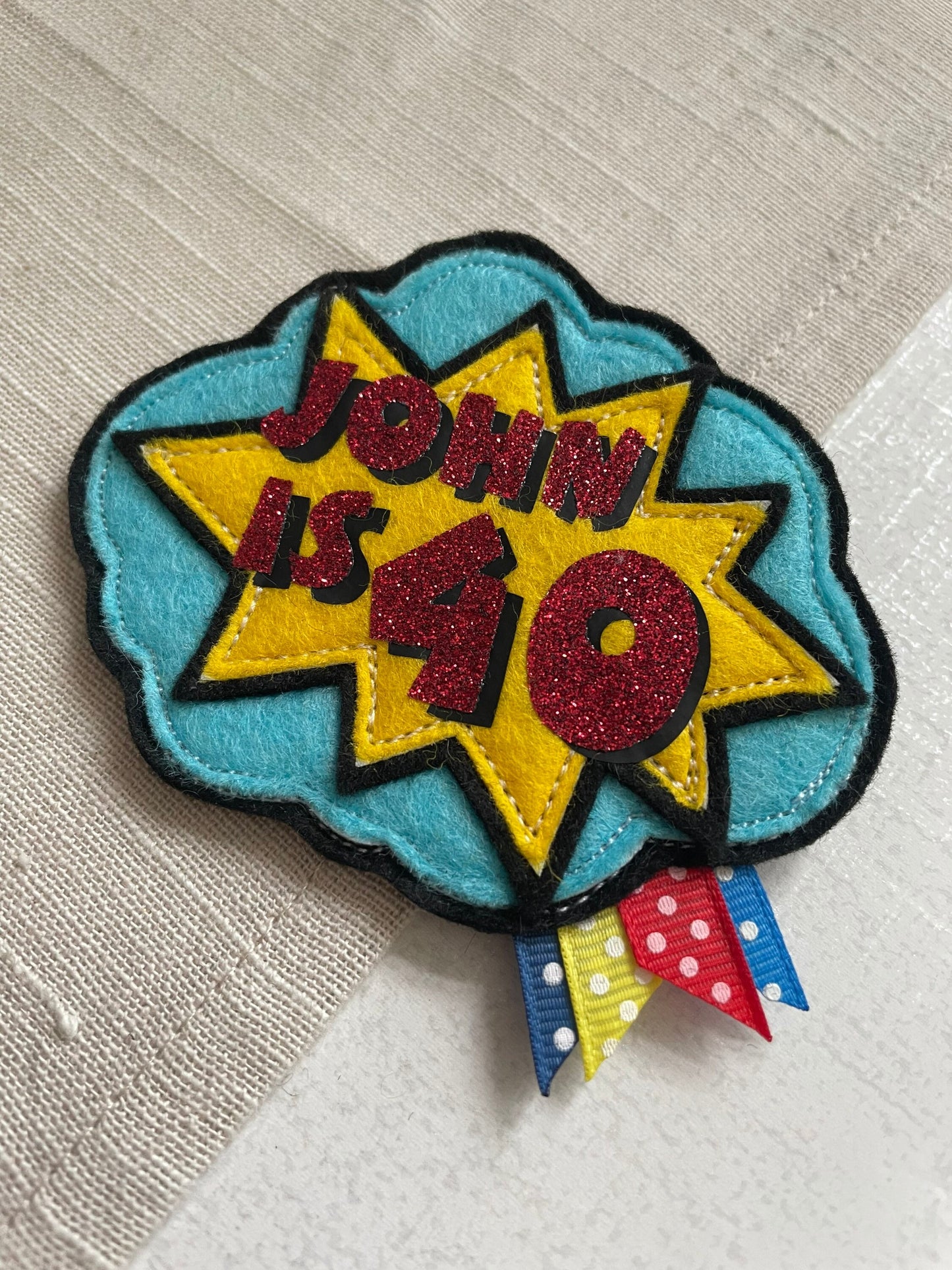 Comic book, comic personalised birthday badge, birthday badge, personalised birthday badge