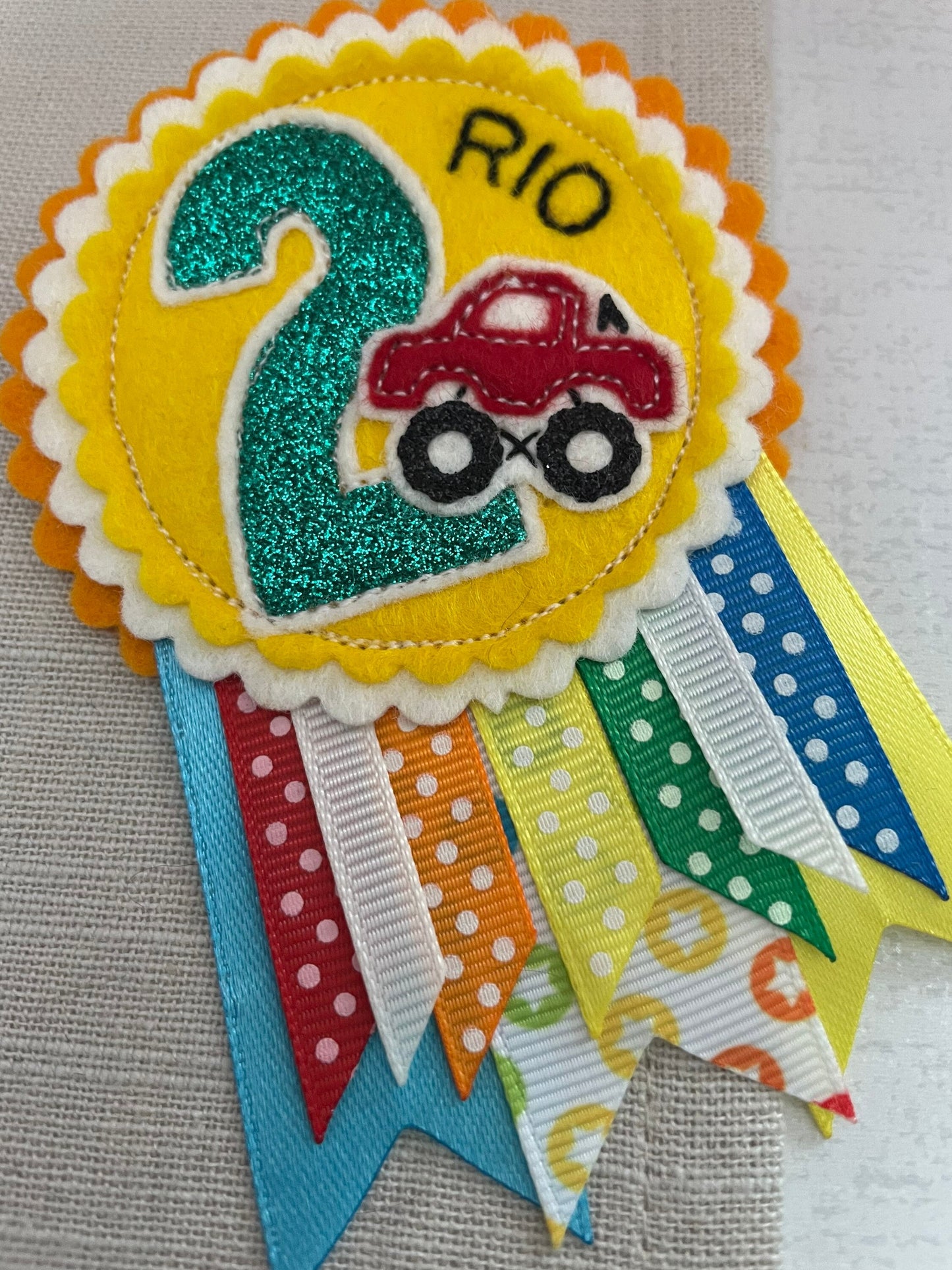 Personalised birthday badge rosette, birthday badge, car birthday badge, train birthday badge, digger birthday badge, tractor birthday badge