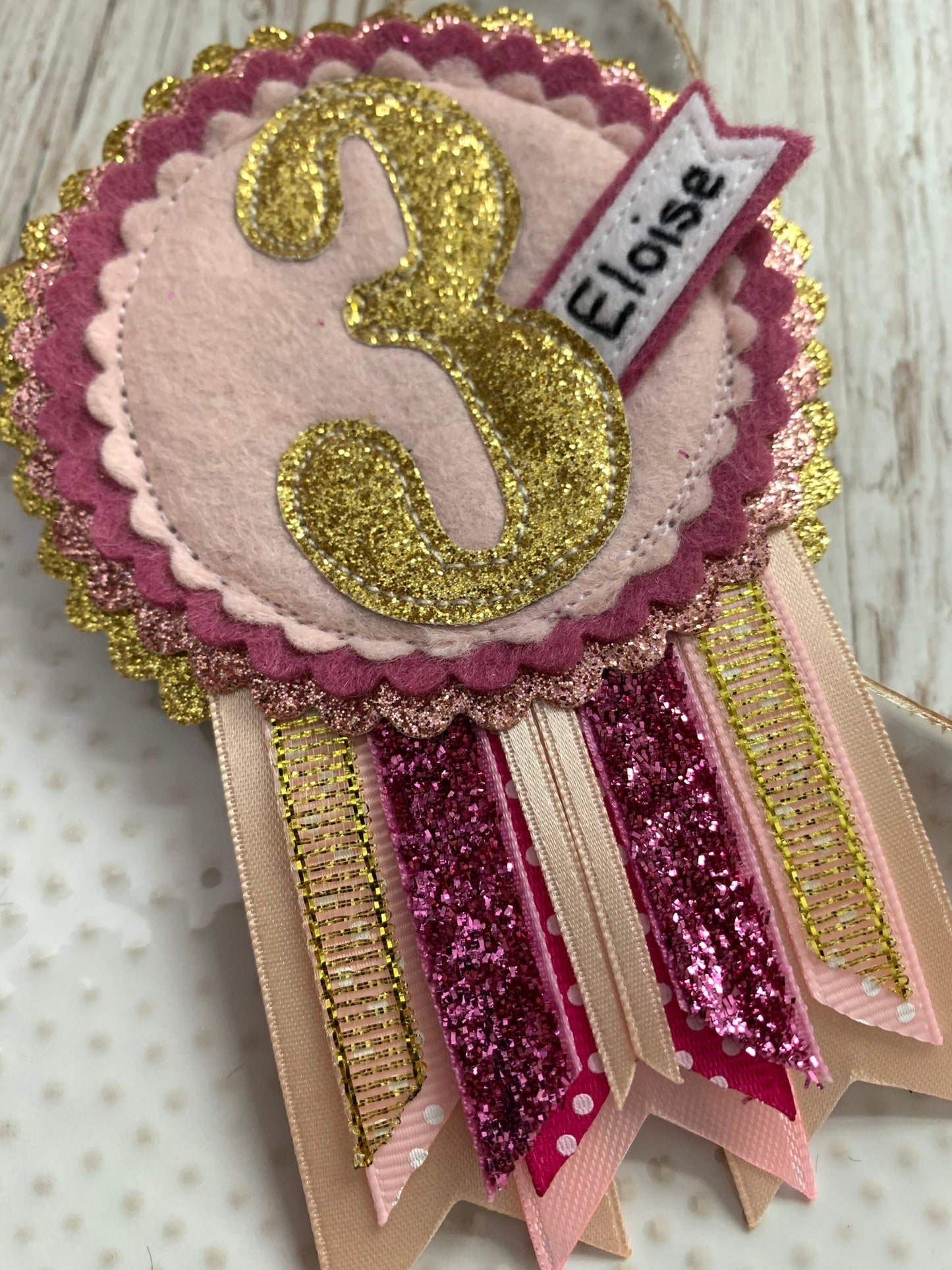 Birthday badge, pinks and gold personalised age birthday rosette, birthday badge, gold birthday badge