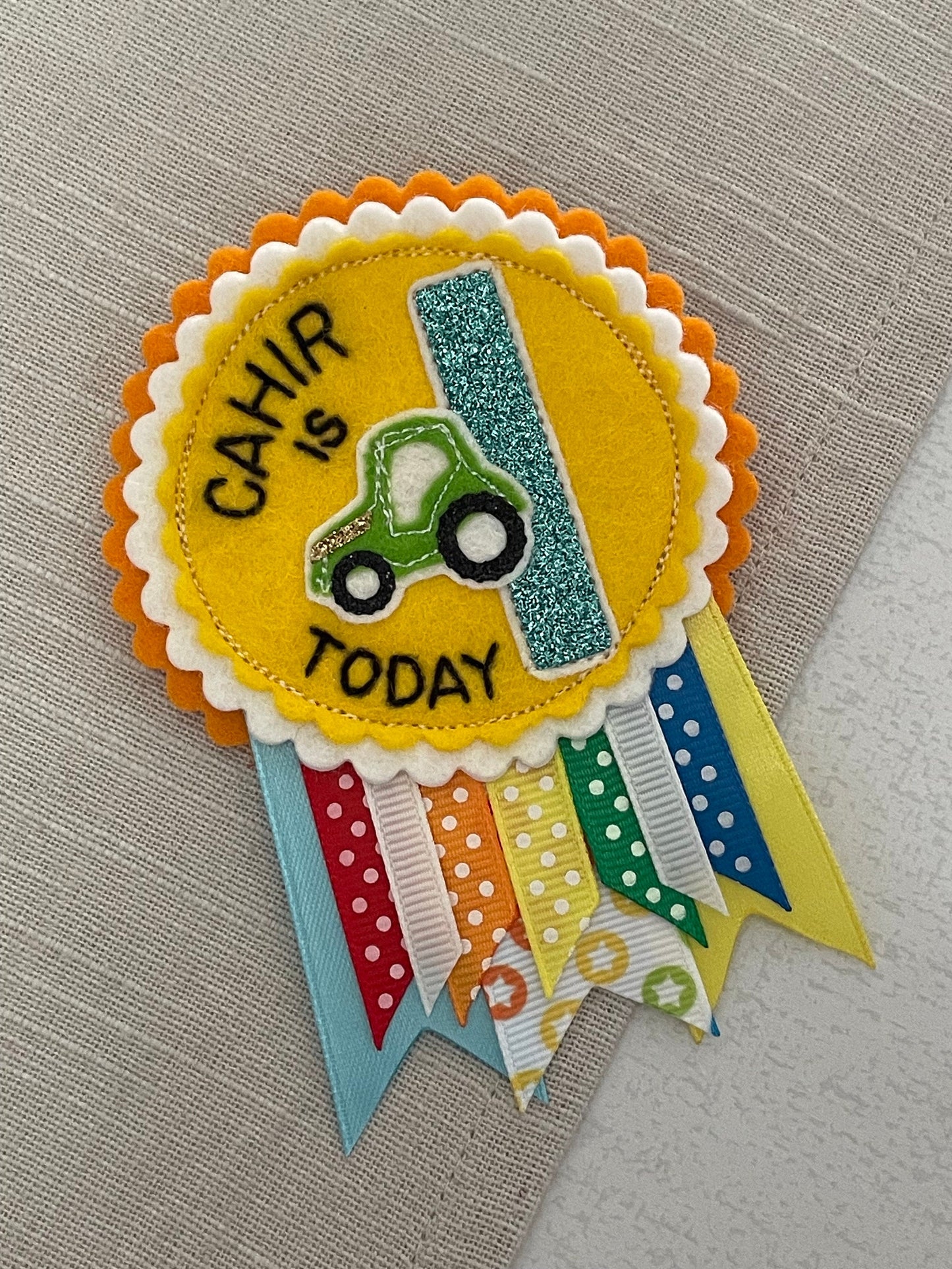 Personalised birthday badge rosette, birthday badge, car birthday badge, train birthday badge, digger birthday badge, tractor birthday badge