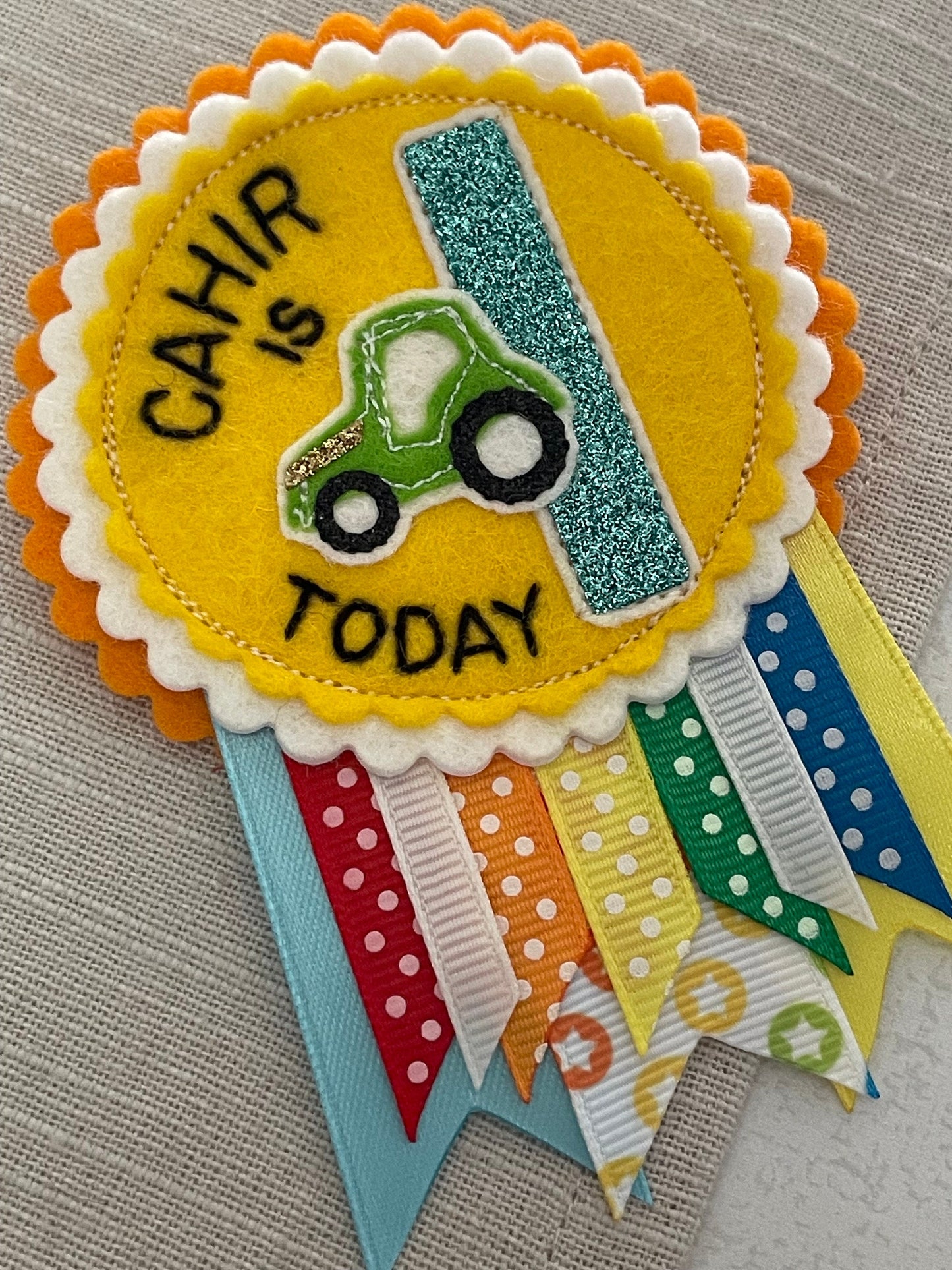 Personalised birthday badge rosette, birthday badge, car birthday badge, train birthday badge, digger birthday badge, tractor birthday badge