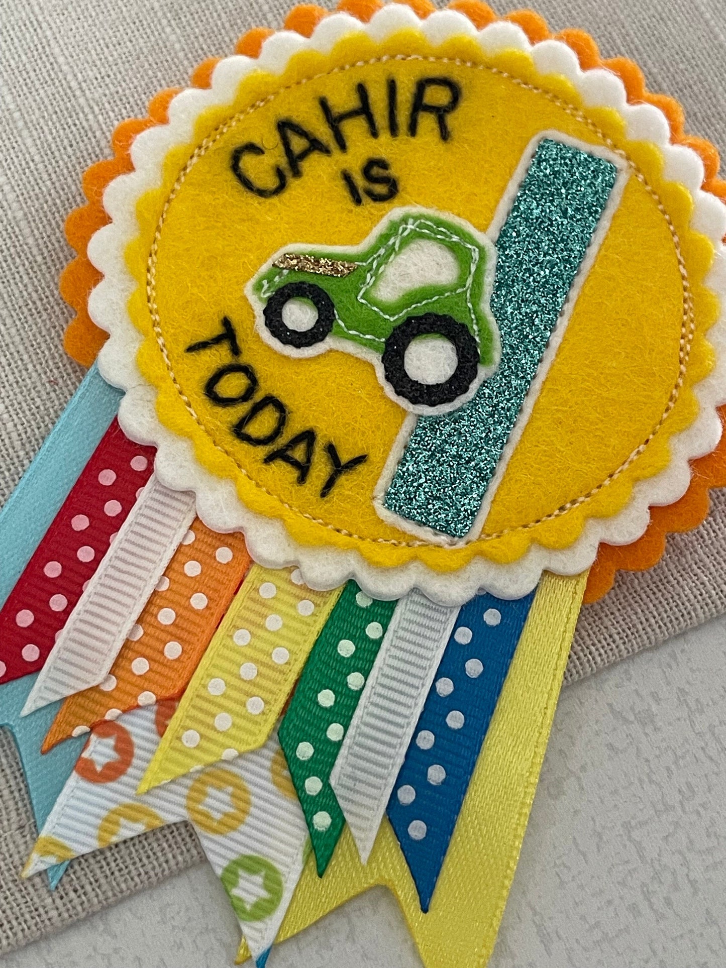 Personalised birthday badge rosette, birthday badge, car birthday badge, train birthday badge, digger birthday badge, tractor birthday badge