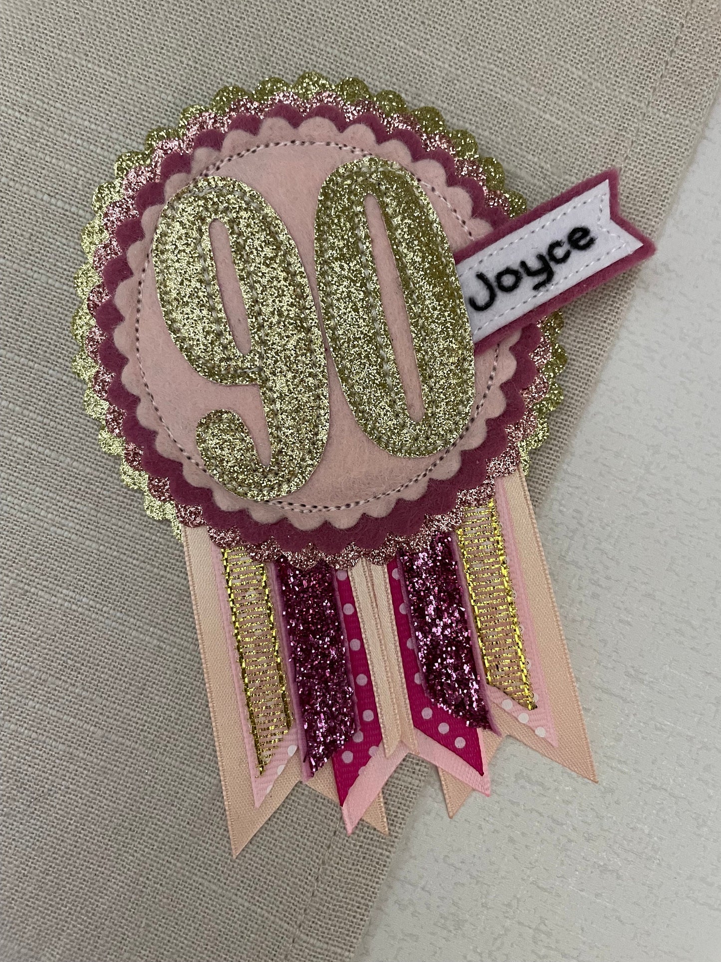 Birthday badge, pinks and gold personalised age birthday rosette, birthday badge, gold birthday badge