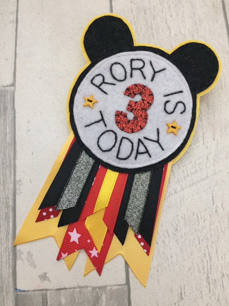 Disney themed personalised birthday badge rosette, birthday badge, personalised birthday badge, mouse birthday badge