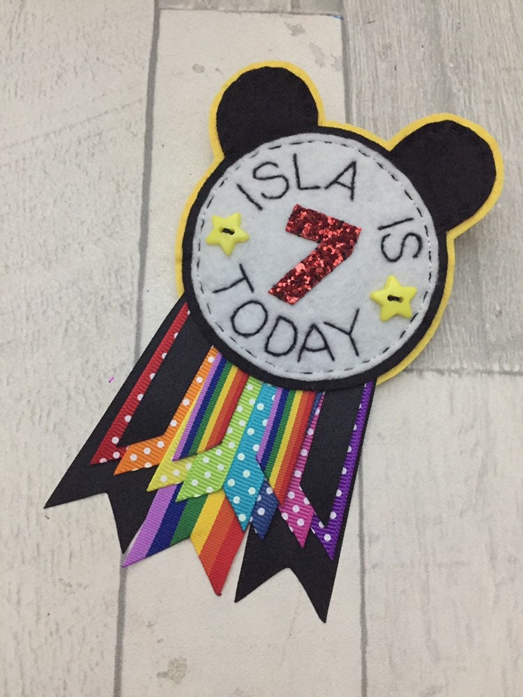 Disney themed personalised birthday badge rosette, birthday badge, personalised birthday badge, mouse birthday badge