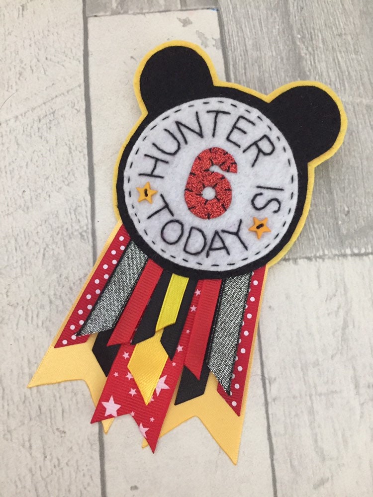 Disney themed personalised birthday badge rosette, birthday badge, personalised birthday badge, mouse birthday badge