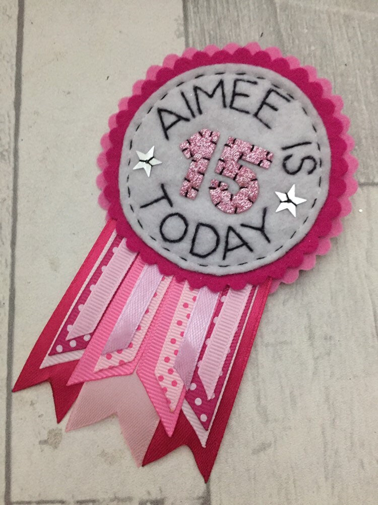Pink personalised birthday badge rosette, birthday badge, personalised birthday badge, pink birthday badge, name birthday badge