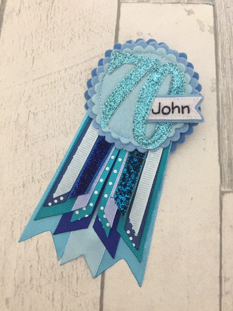 Birthday badge, Blue personalised age birthday badge rosette, personalised birthday badge, blue birthday badge