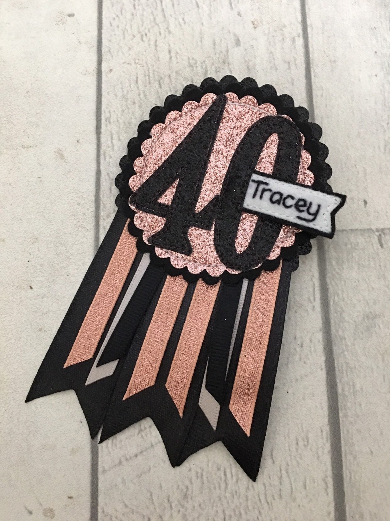 Birthday badge, Black and rose gold personalised age birthday rosette, birthday badge