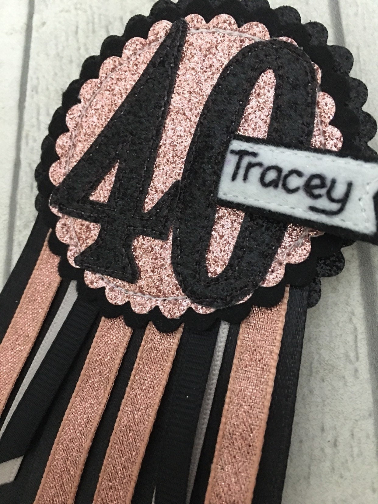 Birthday badge, Black and rose gold personalised age birthday rosette, birthday badge