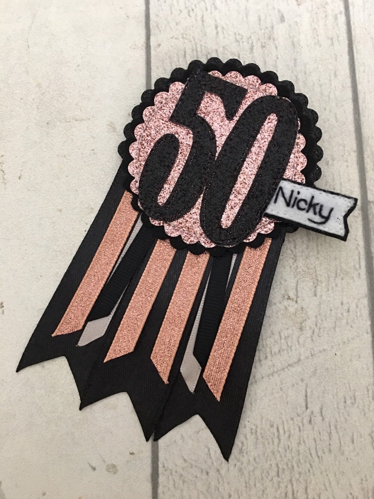 Birthday badge, Black and rose gold personalised age birthday rosette, birthday badge