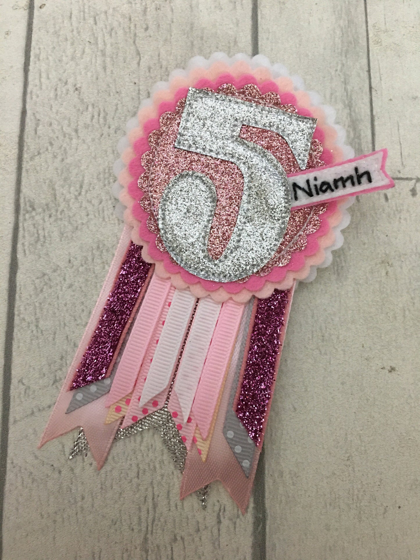Pastel pink and silver personalised age birthday badge rosette, birthday badge, personalised birthday badge, pink and silver birthday badge