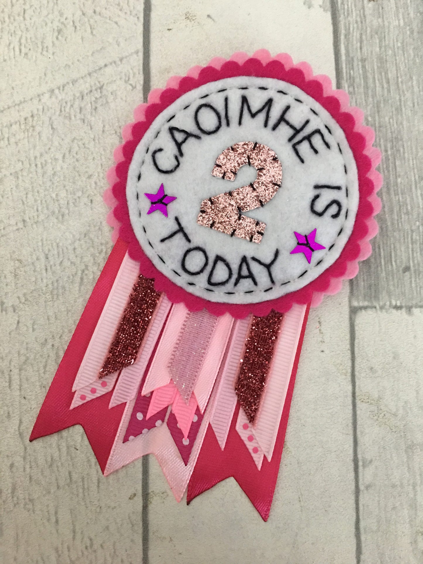 Pink personalised birthday badge rosette, birthday badge, personalised birthday badge, pink birthday badge, name birthday badge