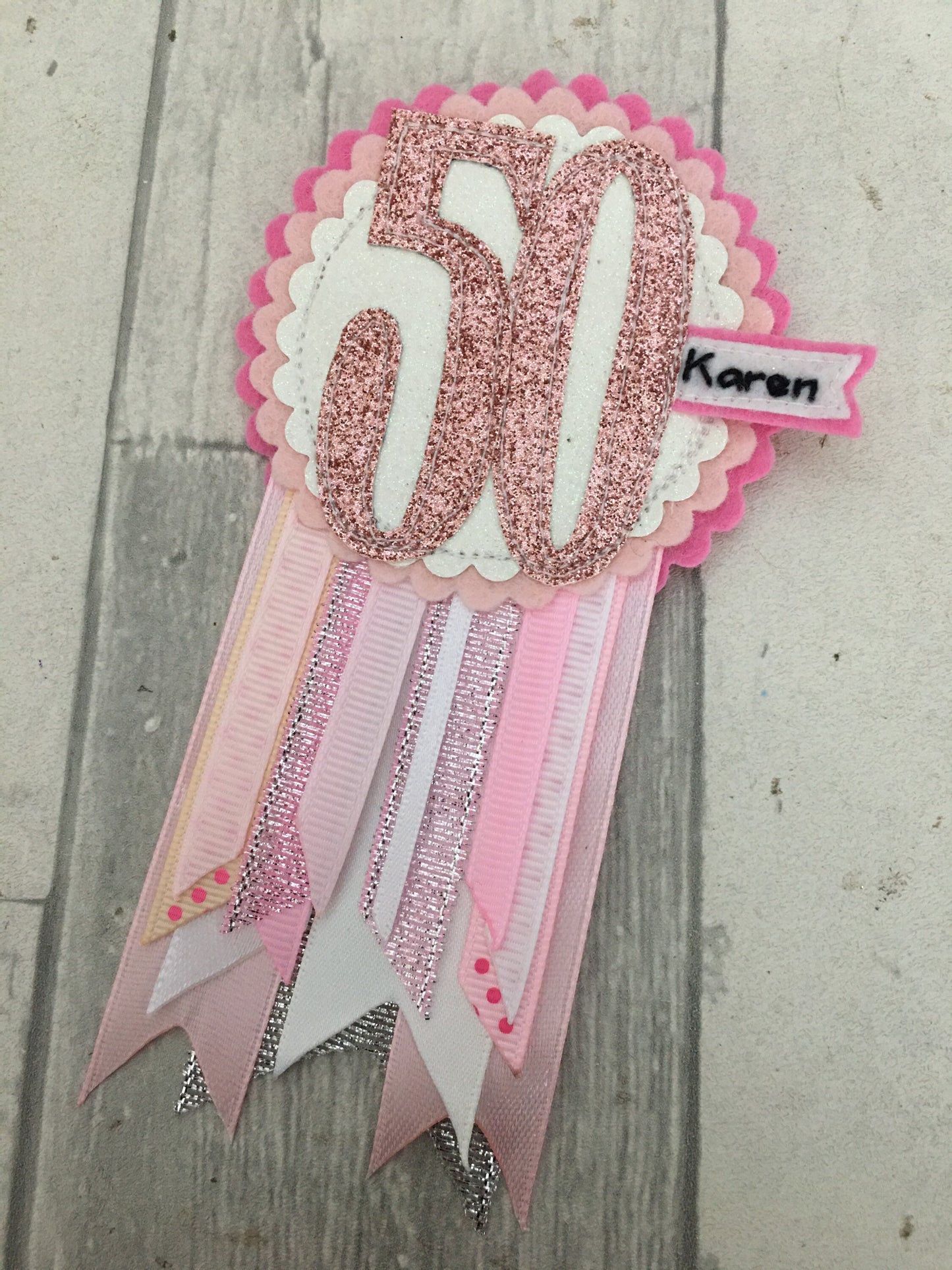 Pink and white personalised age birthday badge rosette, birthday badge, personalised Birthday Badge