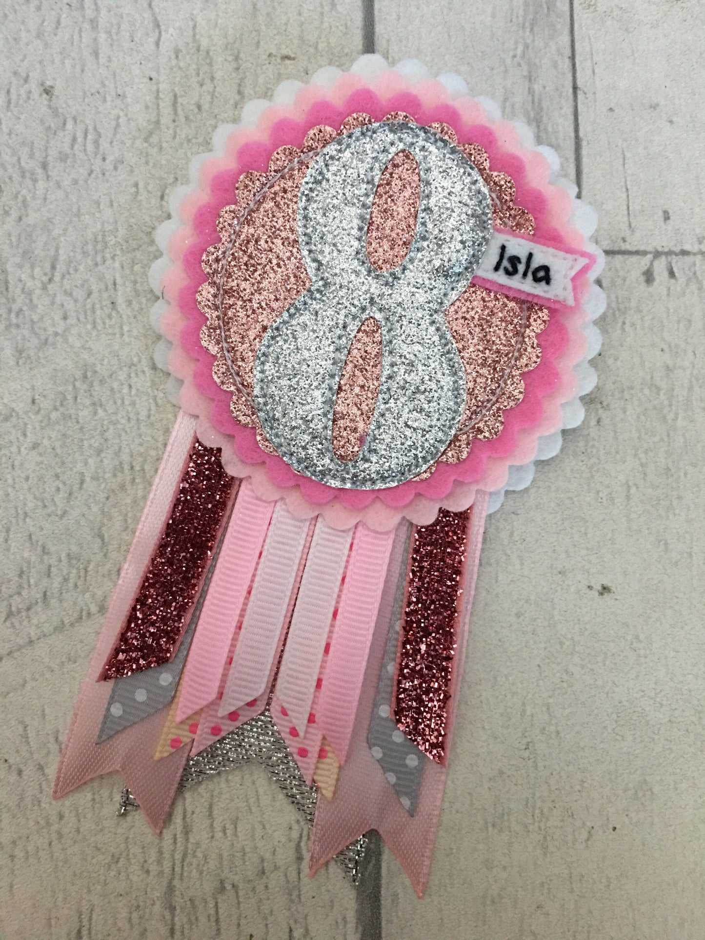 Pastel pink and silver personalised age birthday badge rosette, birthday badge, personalised birthday badge, pink and silver birthday badge