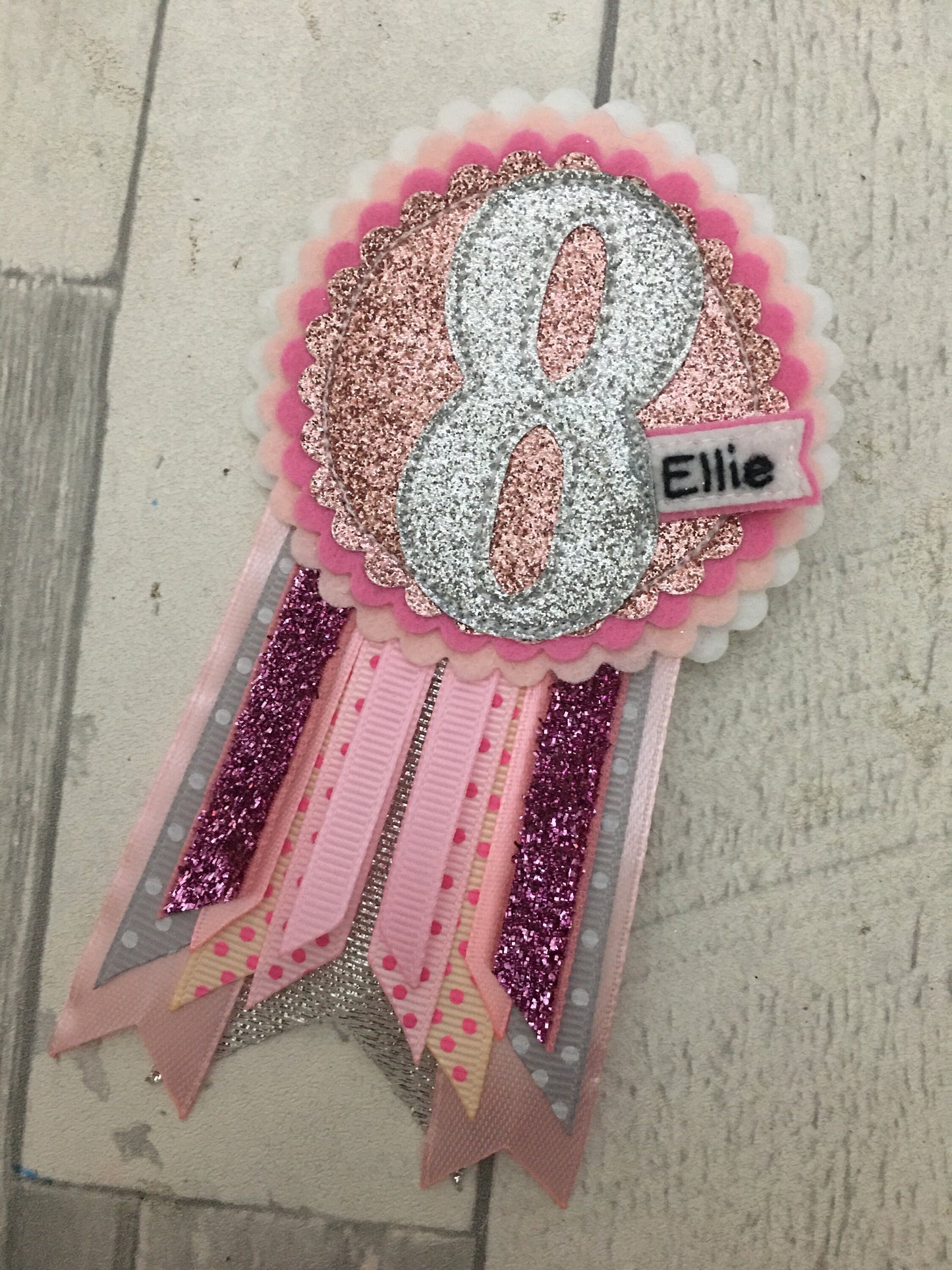 Pastel pink and silver personalised age birthday badge rosette, birthday badge, personalised birthday badge, pink and silver birthday badge