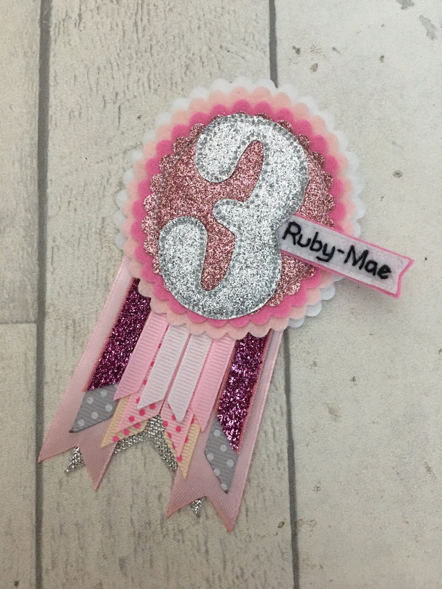 Pastel pink and silver personalised age birthday badge rosette, birthday badge, personalised birthday badge, pink and silver birthday badge