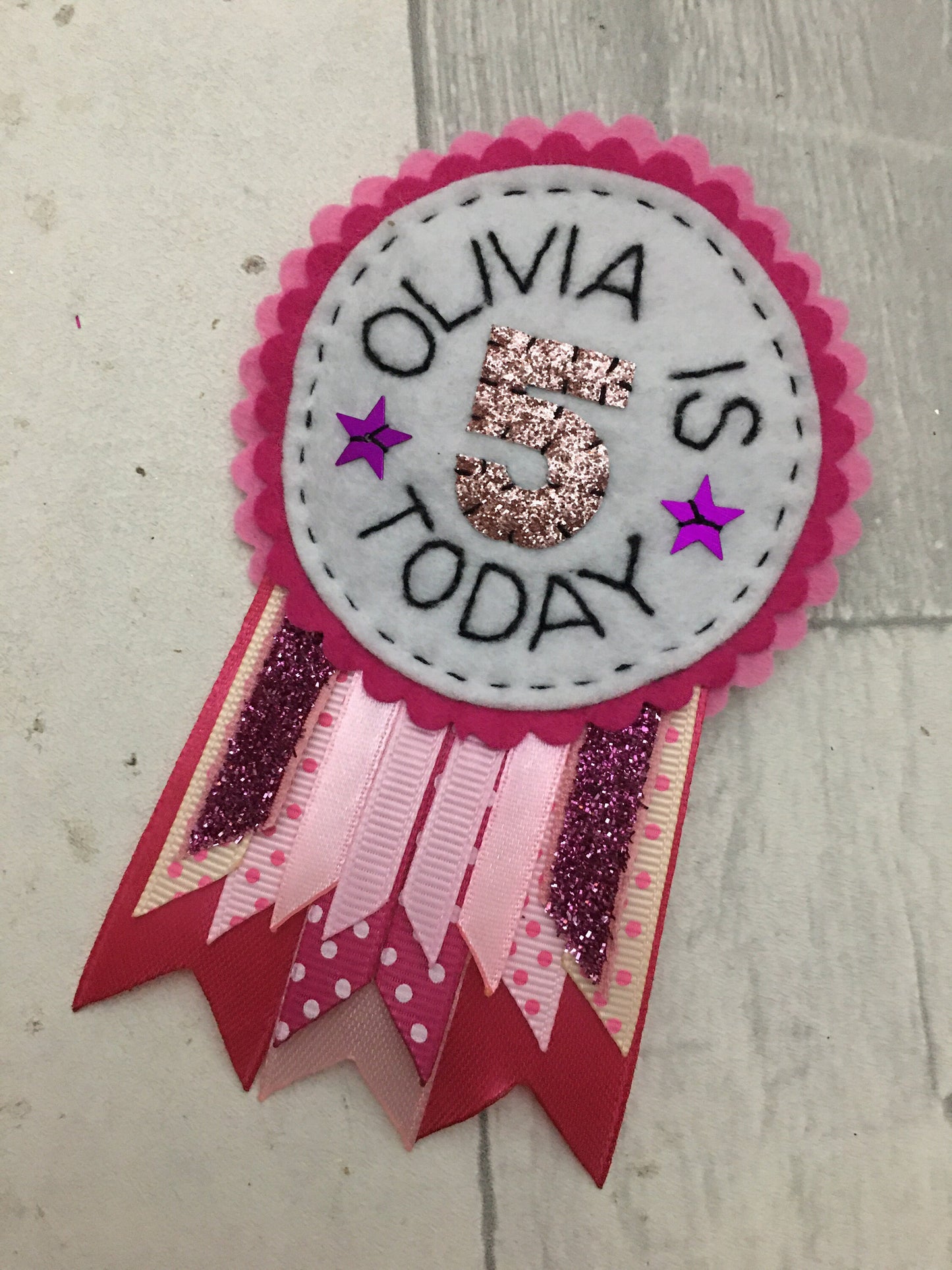 Pink personalised birthday badge rosette, birthday badge, personalised birthday badge, pink birthday badge, name birthday badge