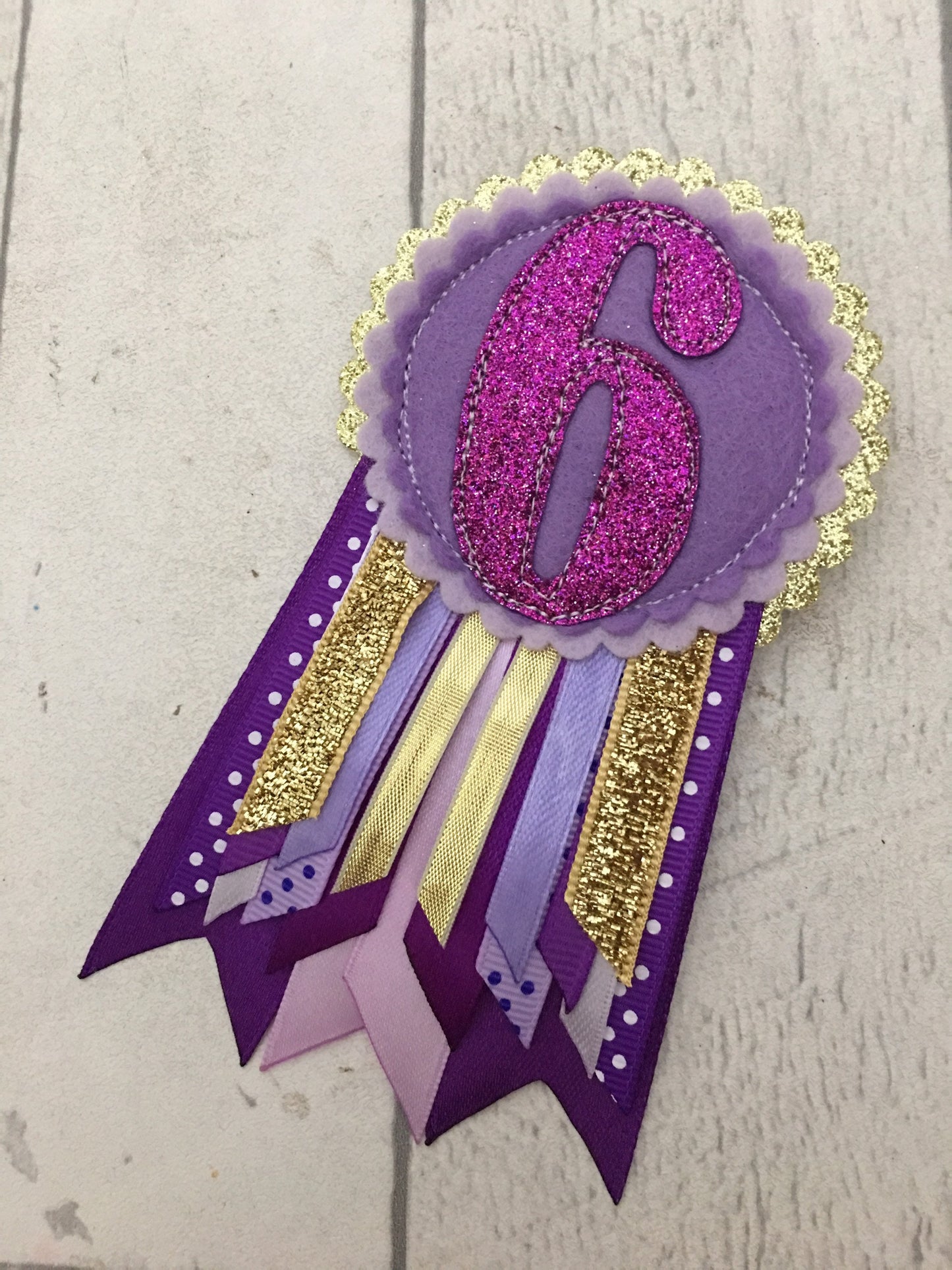 Purple and gold personalised age birthday badge rosette, birthday badge, personalised birthday badge