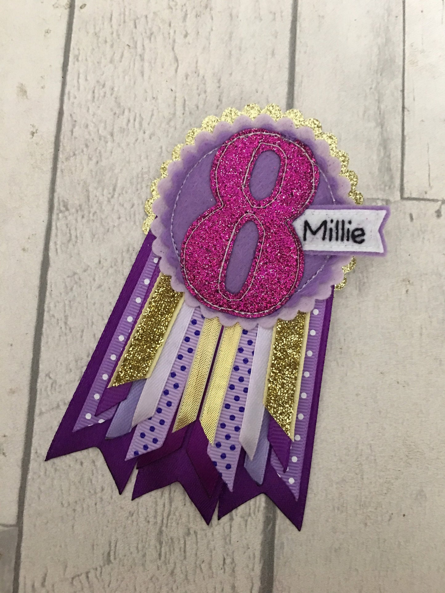 Purple and gold personalised age birthday badge rosette, birthday badge, personalised birthday badge
