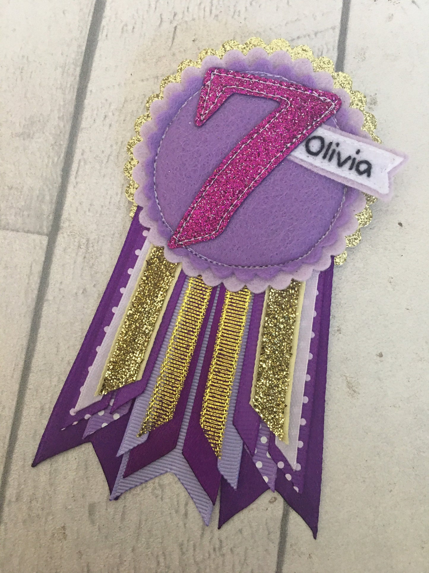 Purple and gold personalised age birthday badge rosette, birthday badge, personalised birthday badge