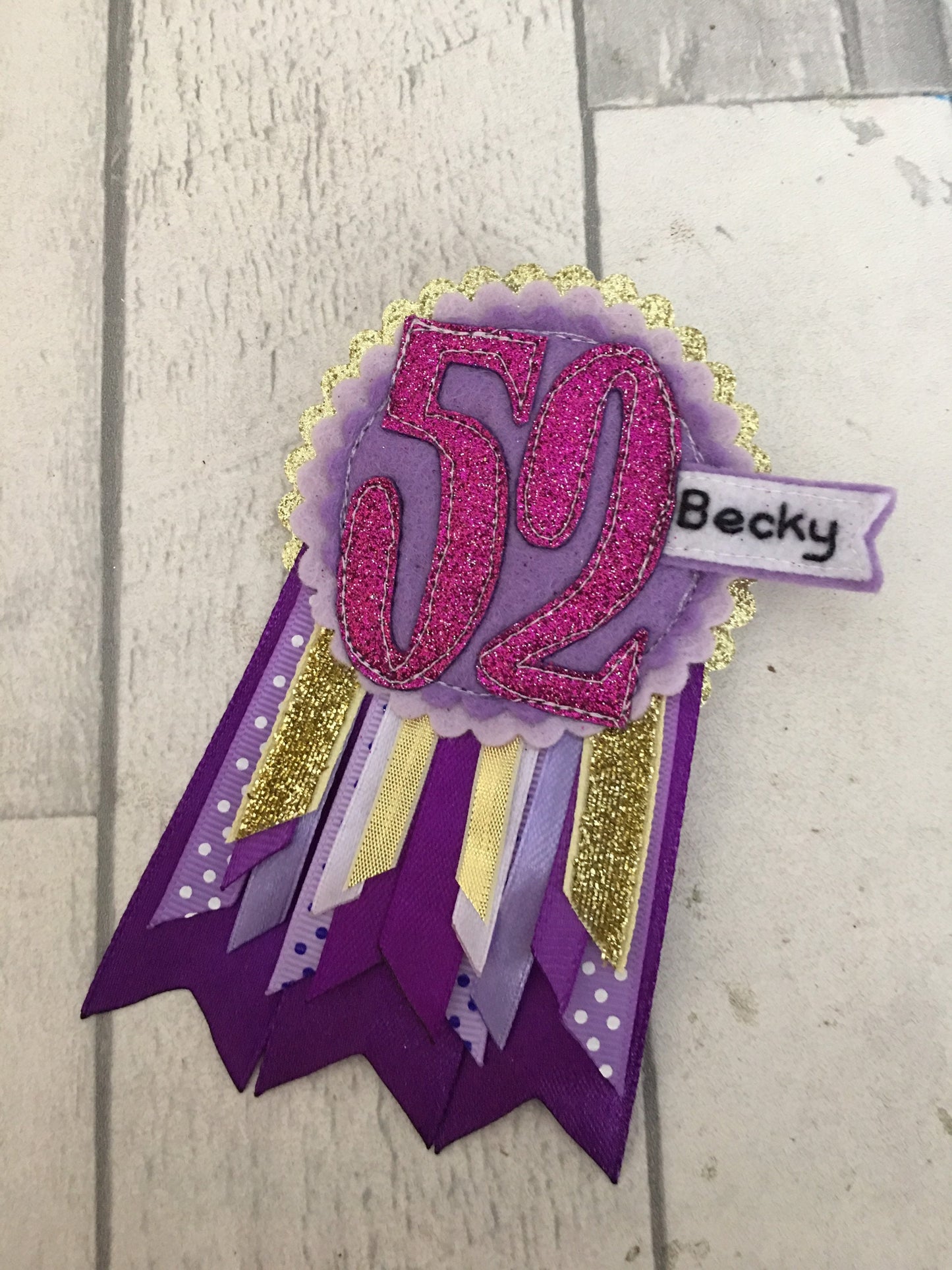 Purple and gold personalised age birthday badge rosette, birthday badge, personalised birthday badge