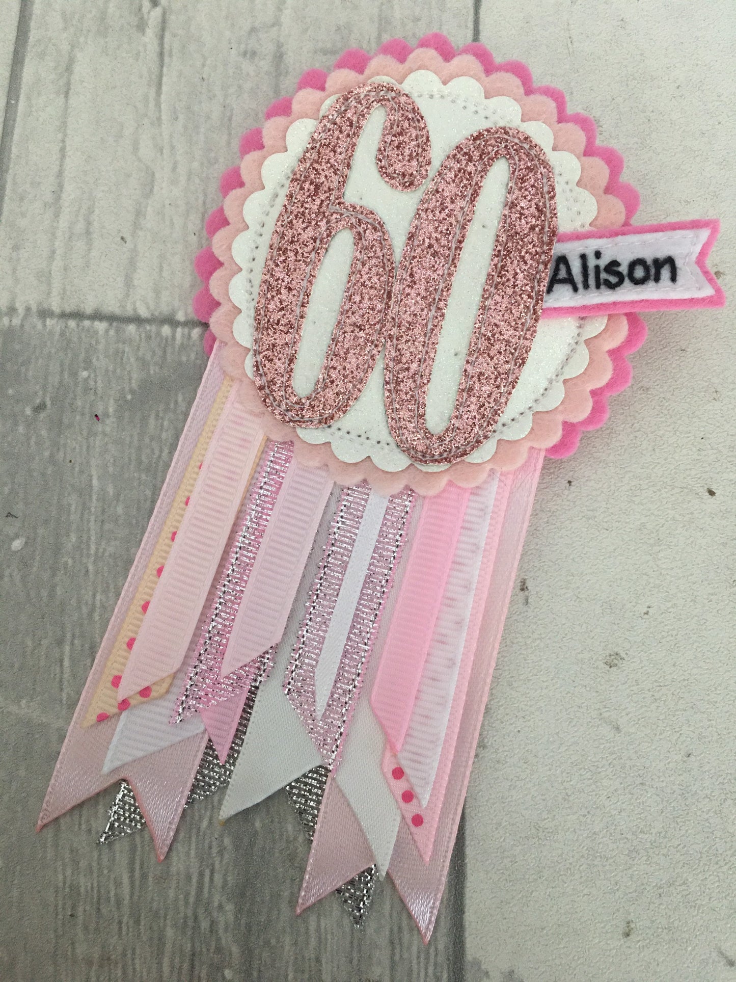 Pink and white personalised age birthday badge rosette, birthday badge, personalised Birthday Badge