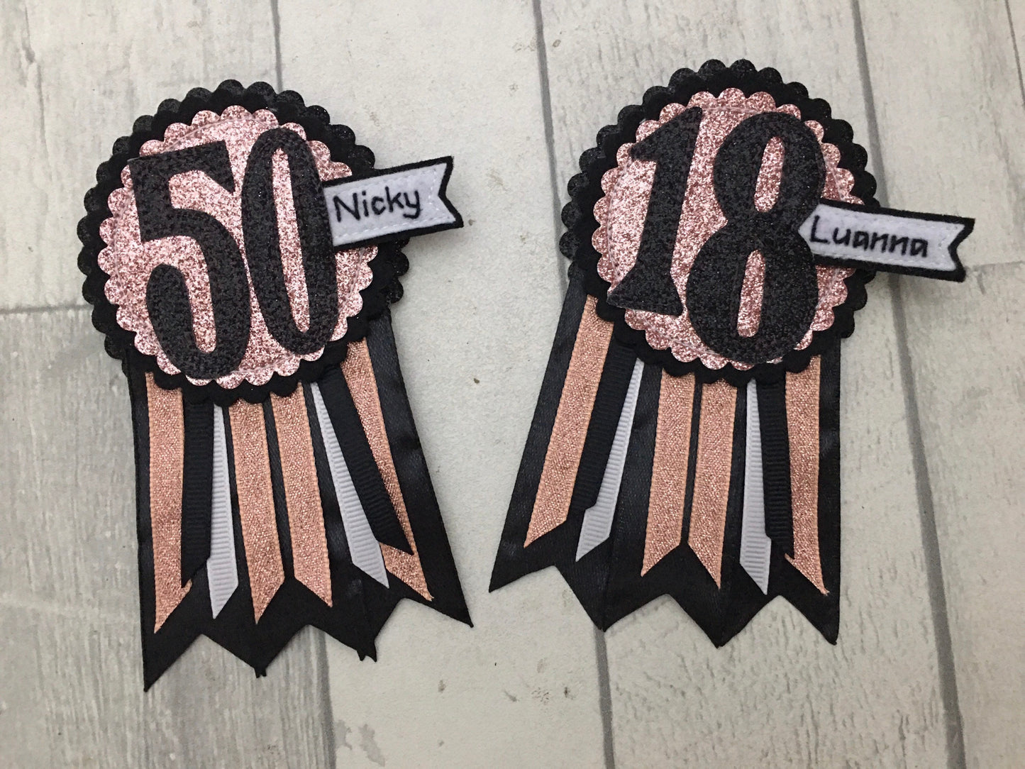 Birthday badge, Black and rose gold personalised age birthday rosette, birthday badge