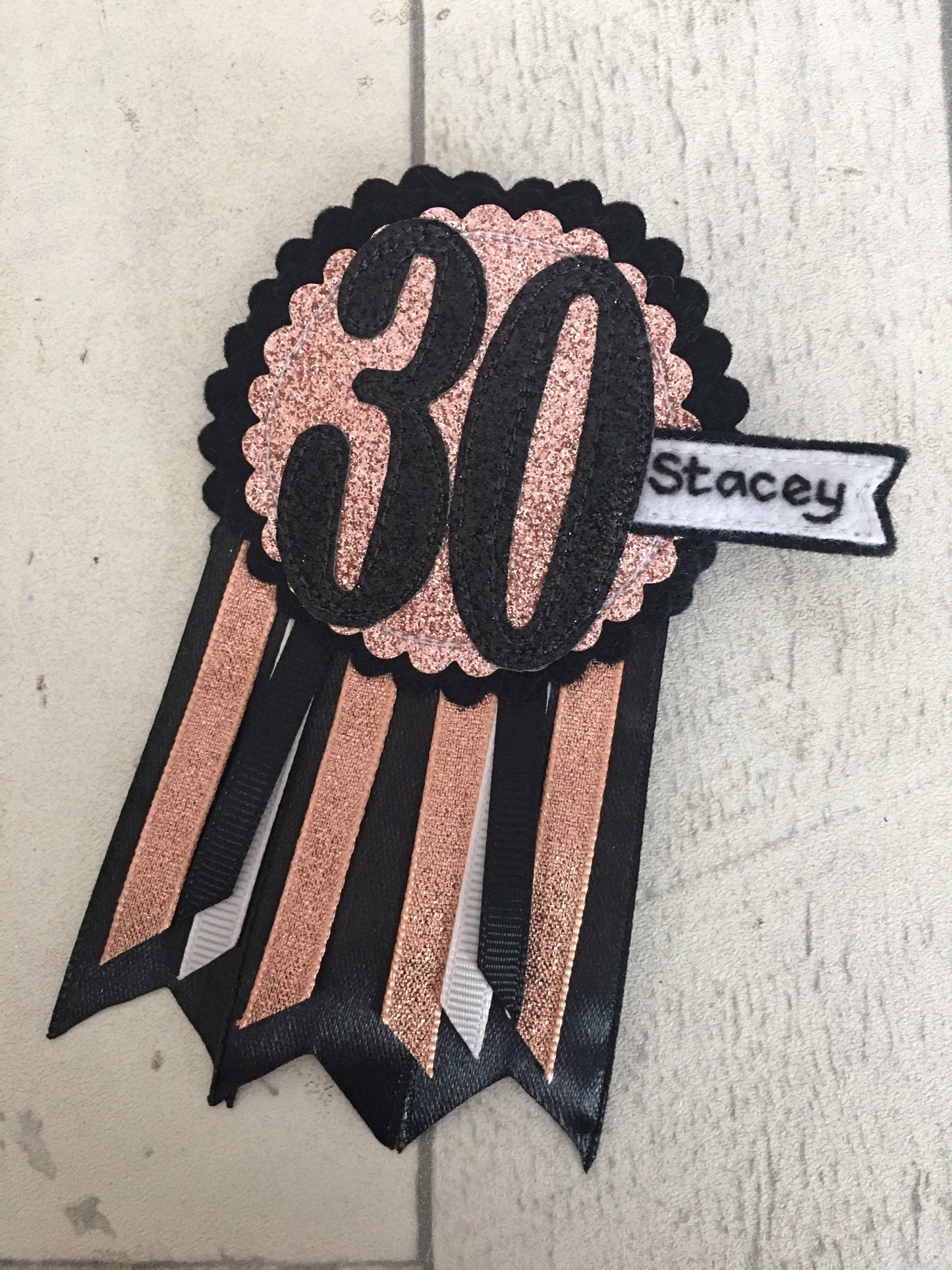 Birthday badge, Black and rose gold personalised age birthday rosette, birthday badge