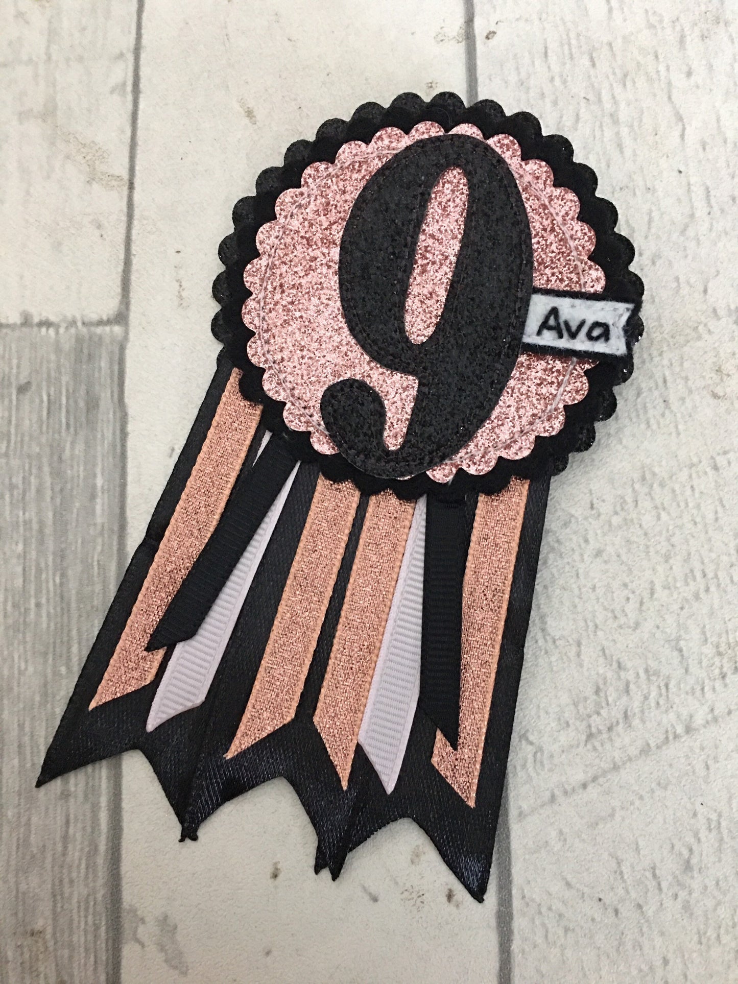 Birthday badge, Black and rose gold personalised age birthday rosette, birthday badge