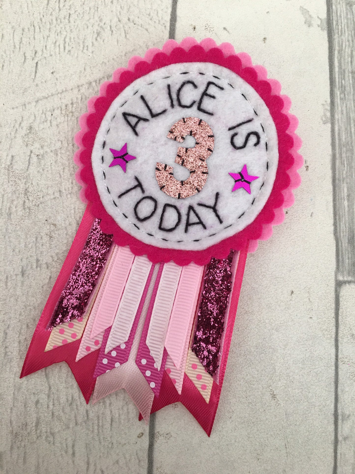 Pink personalised birthday badge rosette, birthday badge, personalised birthday badge, pink birthday badge, name birthday badge