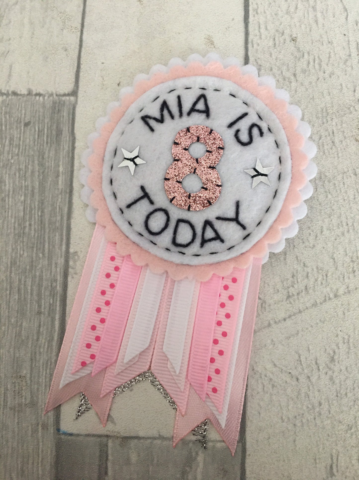 Pastel themed personalised birthday badge rosette, birthday badge, personalised birthday badge