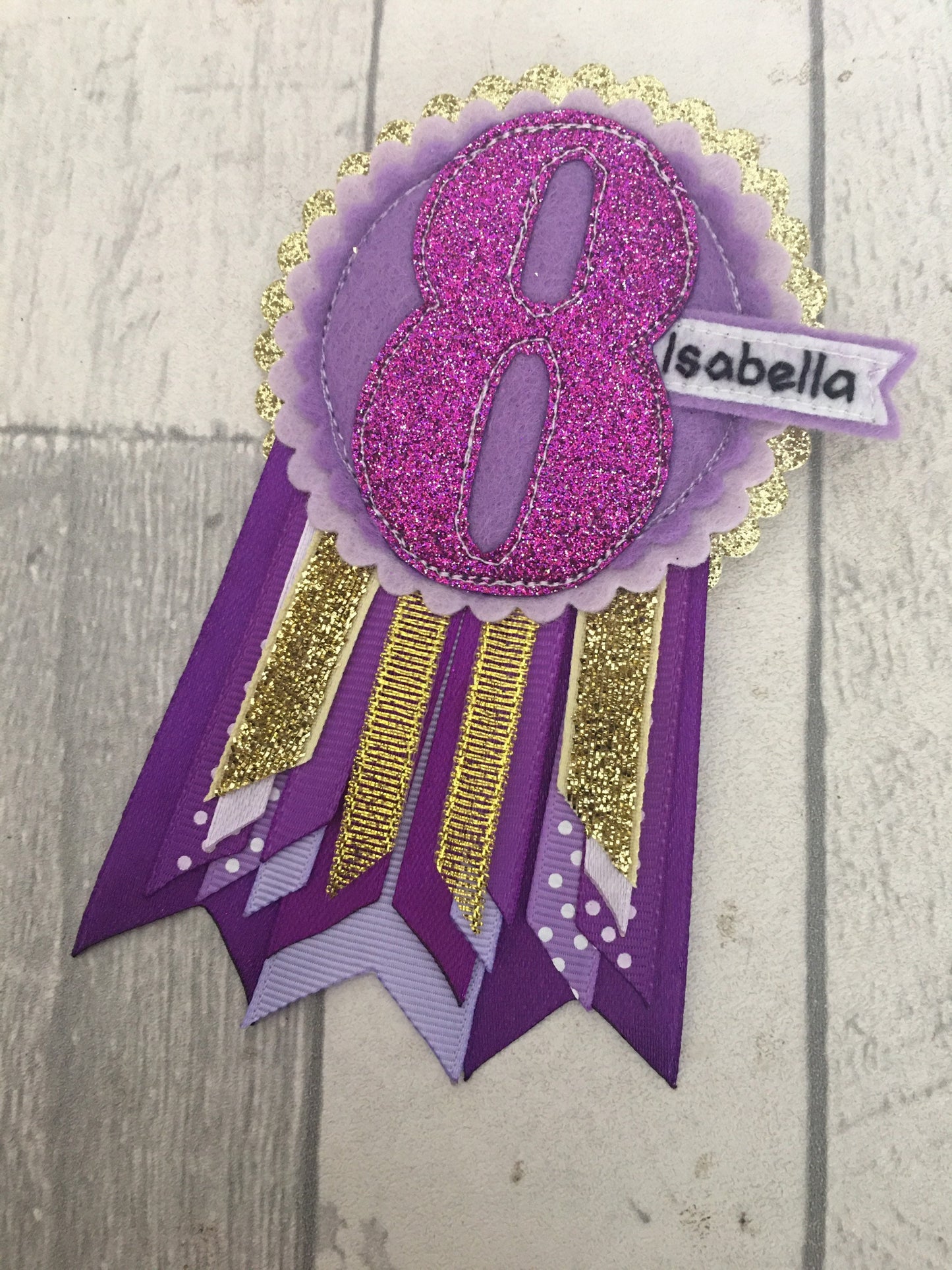 Purple and gold personalised age birthday badge rosette, birthday badge, personalised birthday badge