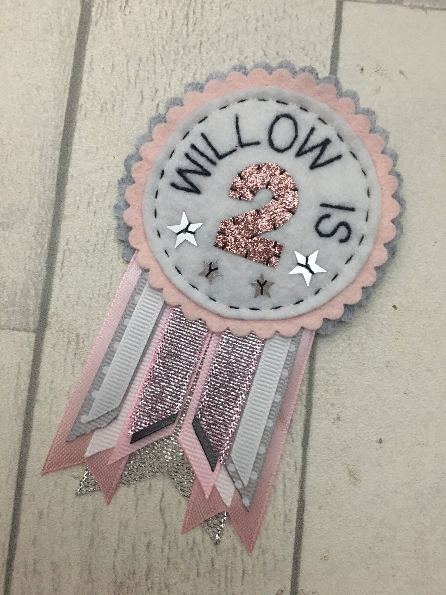 Grey, pink, white and silver personalised birthday badge rosette, birthday badge, personalised birthday, pastel birthday badge