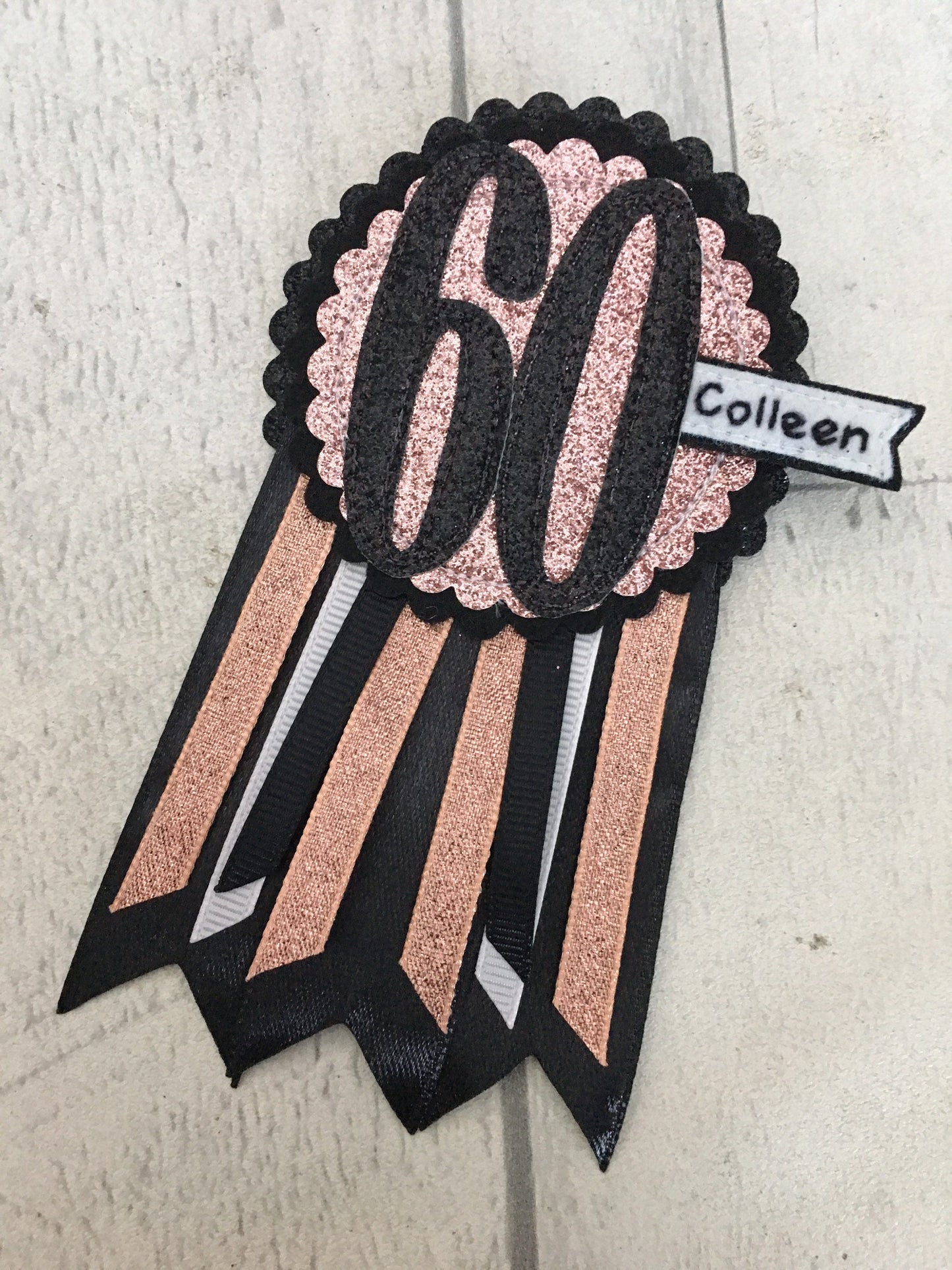 Birthday badge, Black and rose gold personalised age birthday rosette, birthday badge