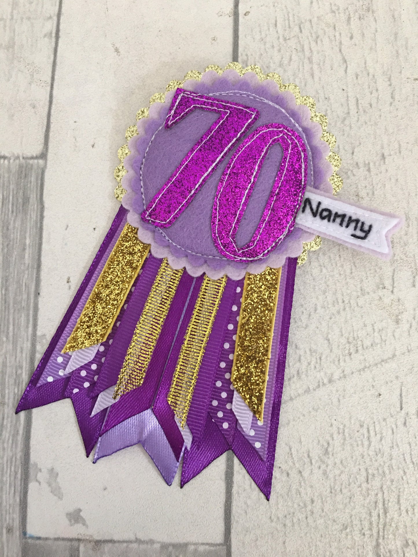 Purple and gold personalised age birthday badge rosette, birthday badge, personalised birthday badge