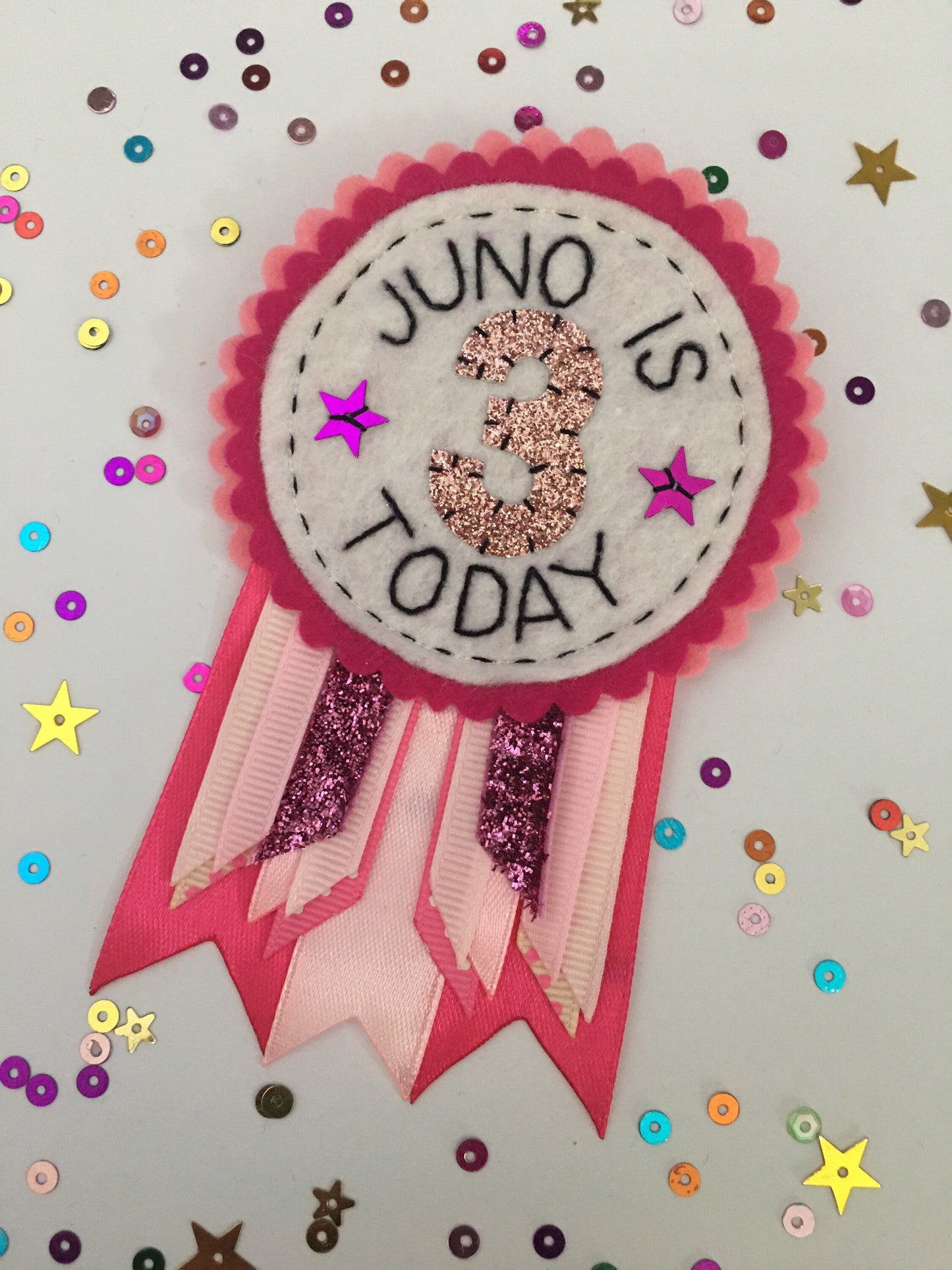 Pink personalised birthday badge rosette, birthday badge, personalised birthday badge, pink birthday badge, name birthday badge