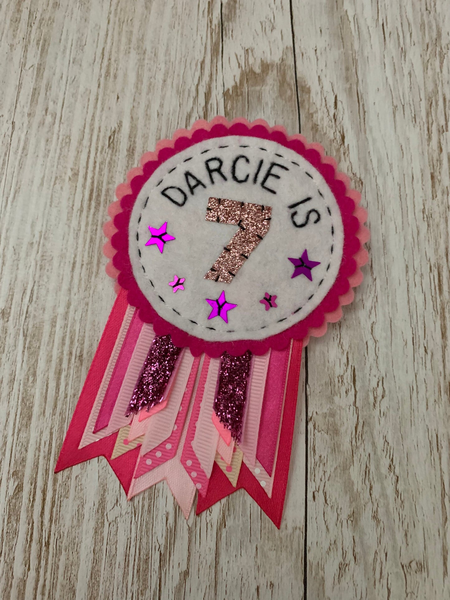 Pink personalised birthday badge rosette, birthday badge, personalised birthday badge, pink birthday badge, name birthday badge