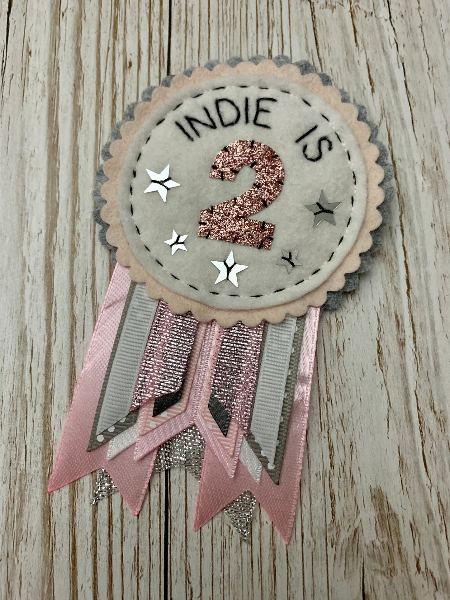 Grey, pink, white and silver personalised birthday badge rosette, birthday badge, personalised birthday, pastel birthday badge