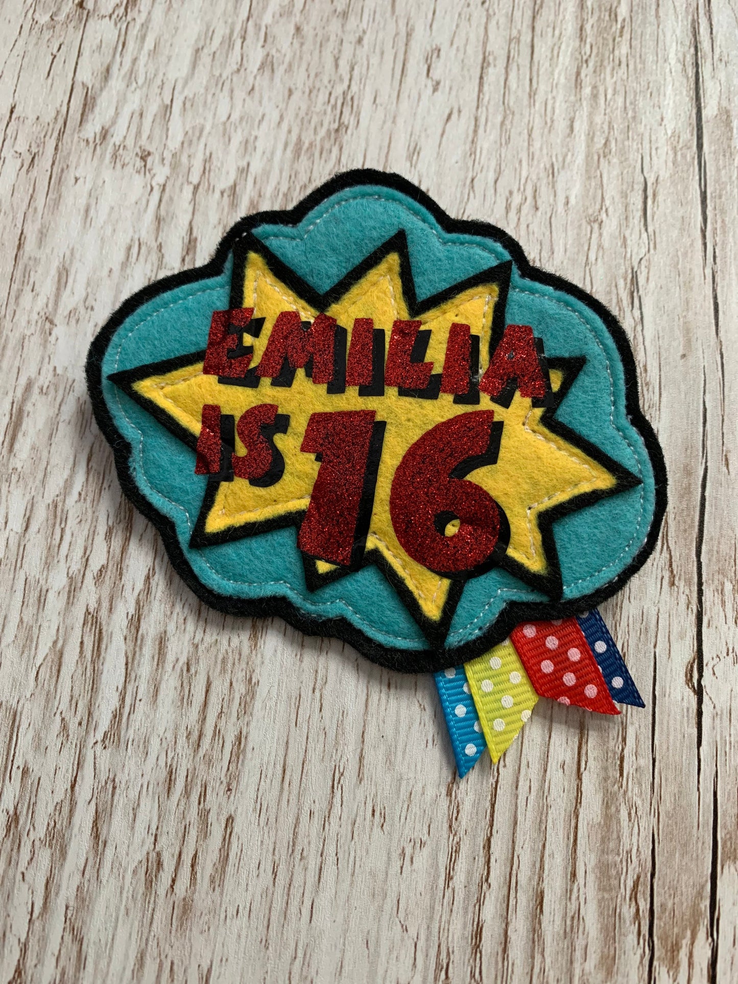 Comic book, comic personalised birthday badge, birthday badge, personalised birthday badge