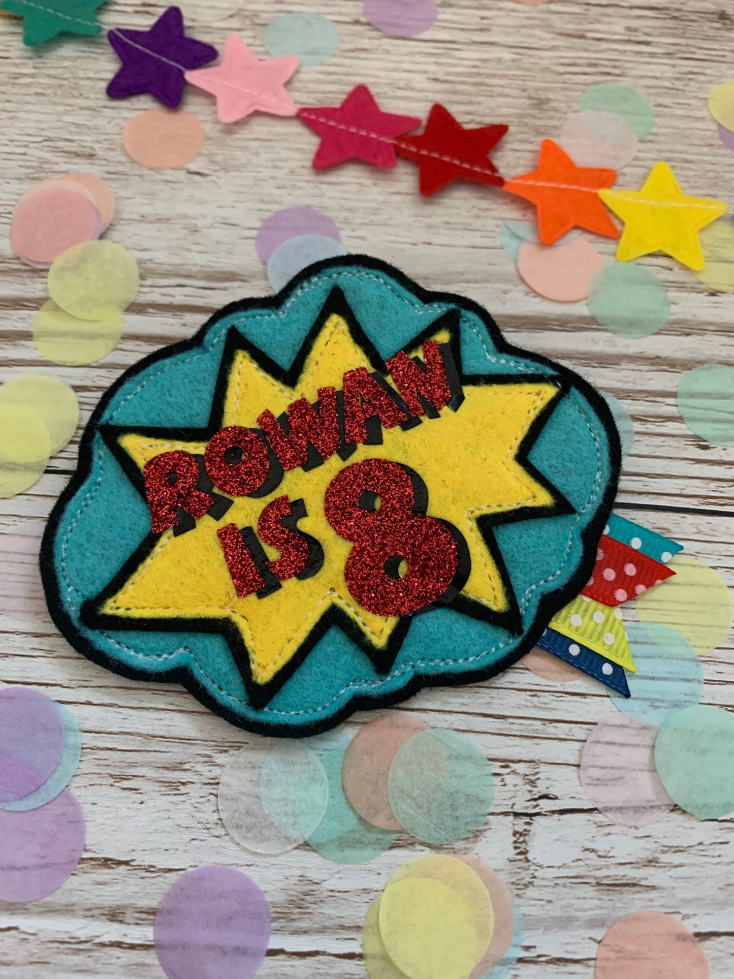 Comic book, comic personalised birthday badge, birthday badge, personalised birthday badge