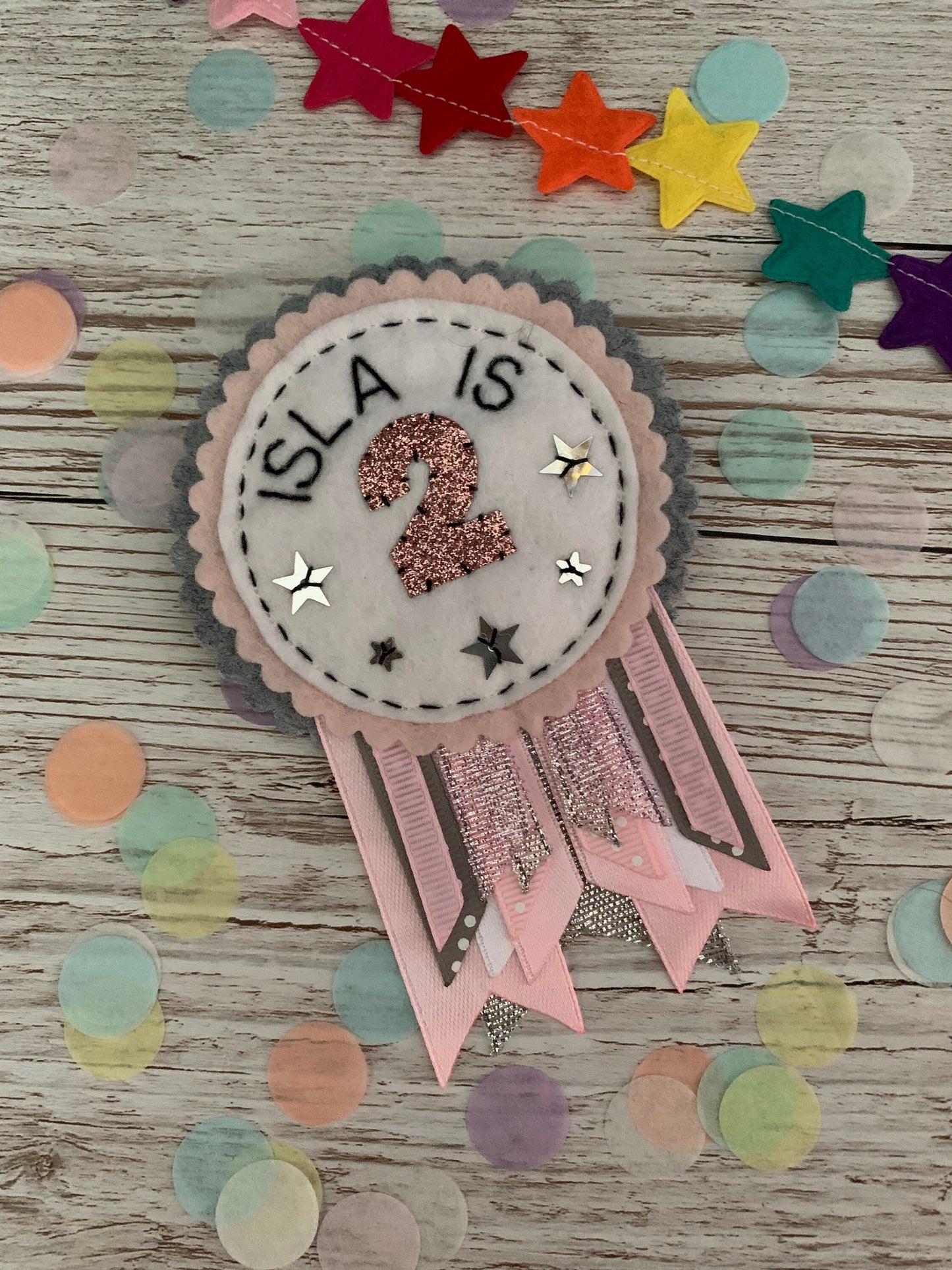 Grey, pink, white and silver personalised birthday badge rosette, birthday badge, personalised birthday, pastel birthday badge