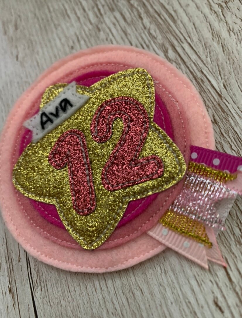 Pink and gold personalised age birthday badge rosette, birthday badge, personalised birthday badge, gold birthday badge