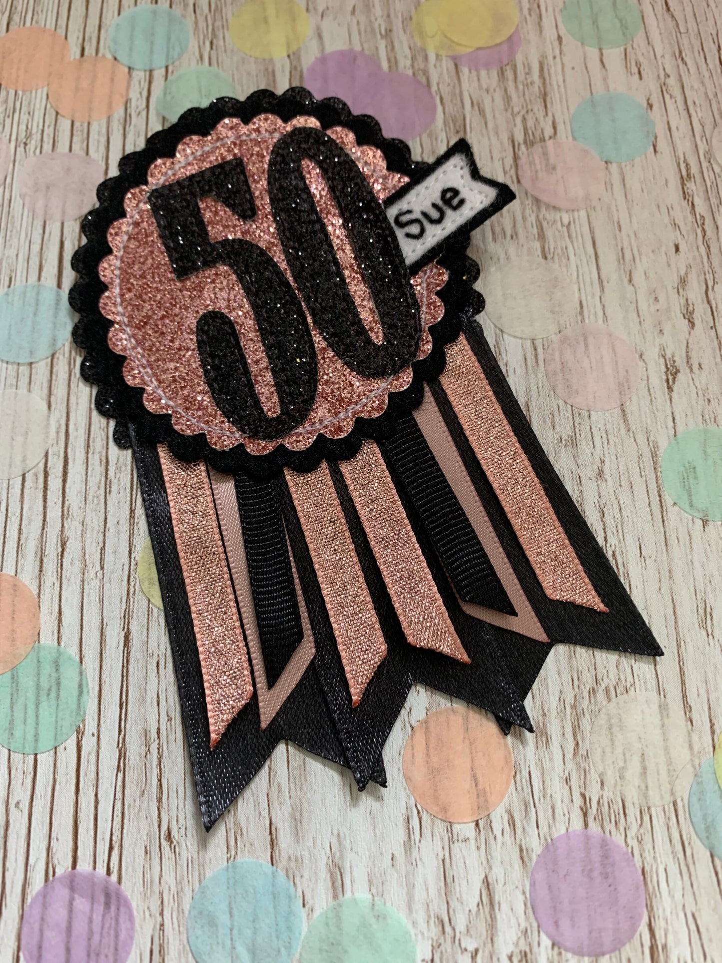 Birthday badge, Black and rose gold personalised age birthday rosette, birthday badge