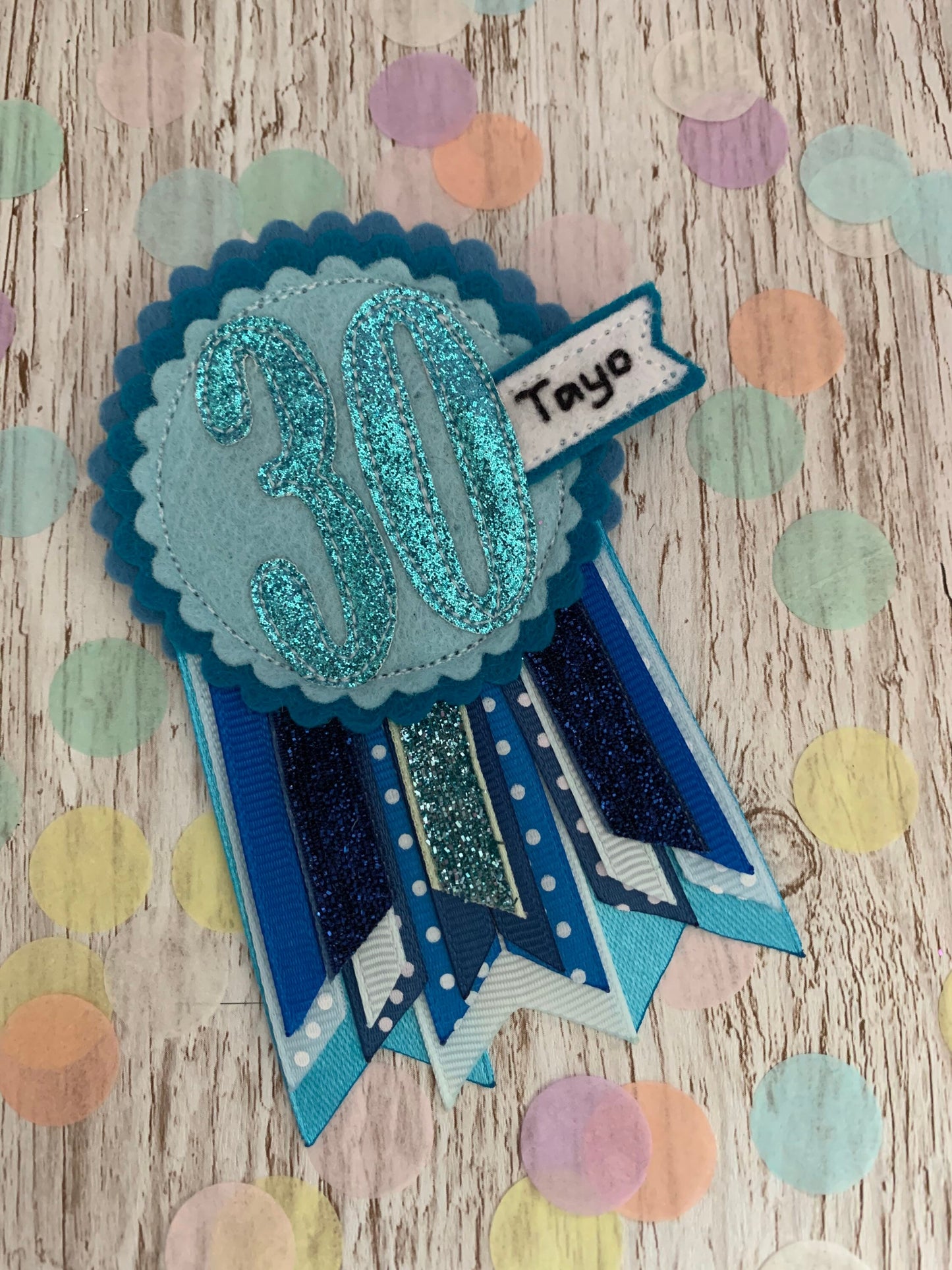 Birthday badge, Blue personalised age birthday badge rosette, personalised birthday badge, blue birthday badge
