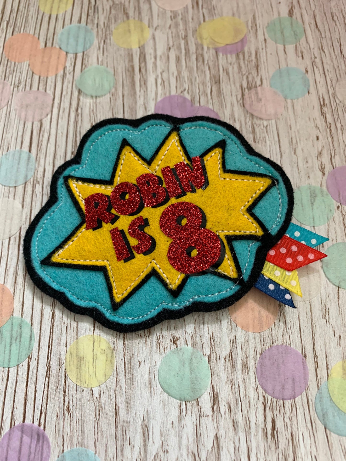 Comic book, comic personalised birthday badge, birthday badge, personalised birthday badge