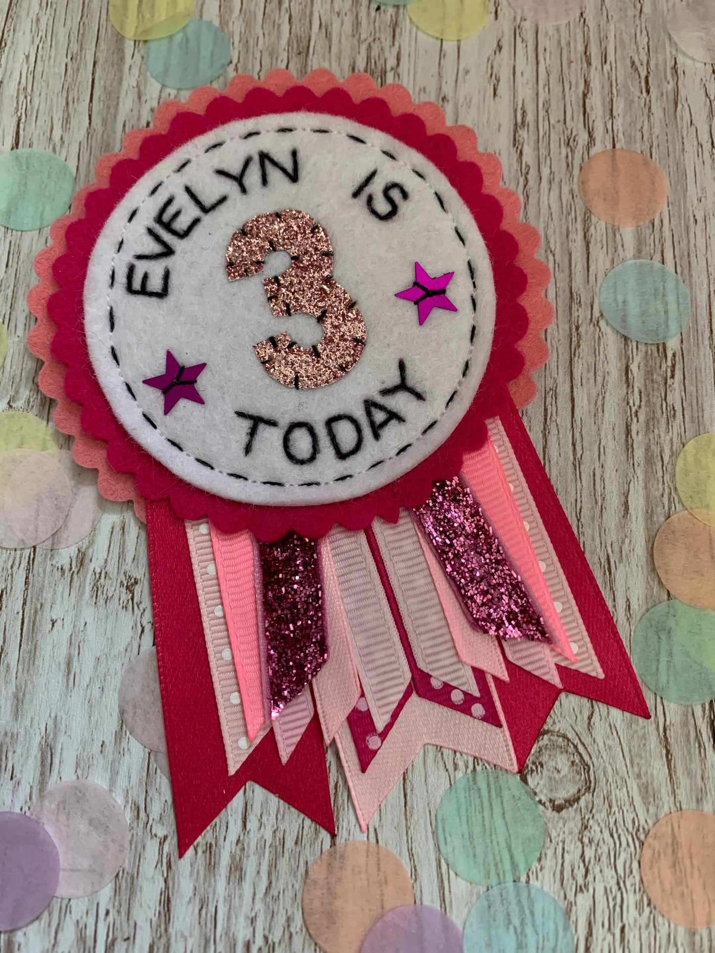 Pink personalised birthday badge rosette, birthday badge, personalised birthday badge, pink birthday badge, name birthday badge