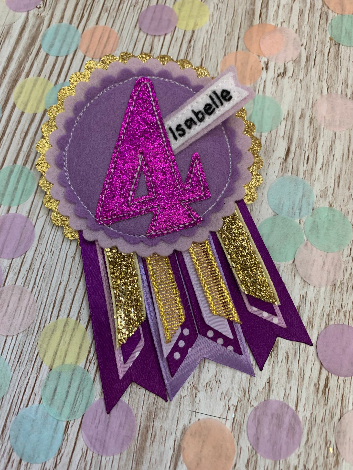 Purple and gold personalised age birthday badge rosette, birthday badge, personalised birthday badge