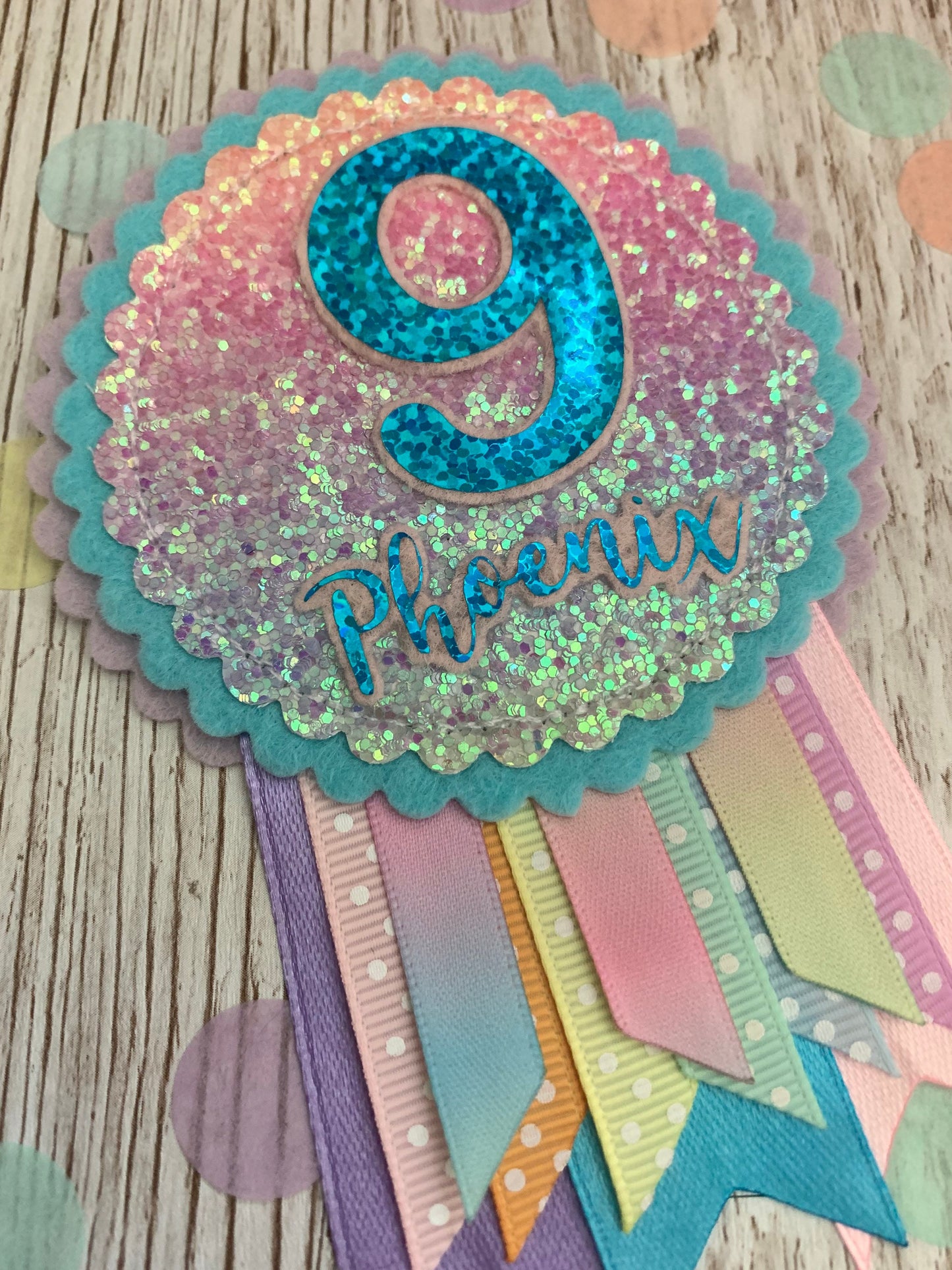 Pastel rainbow sparkle personalised birthday badge rosette, birthday badge, personalised birthday badge, name birthday badge