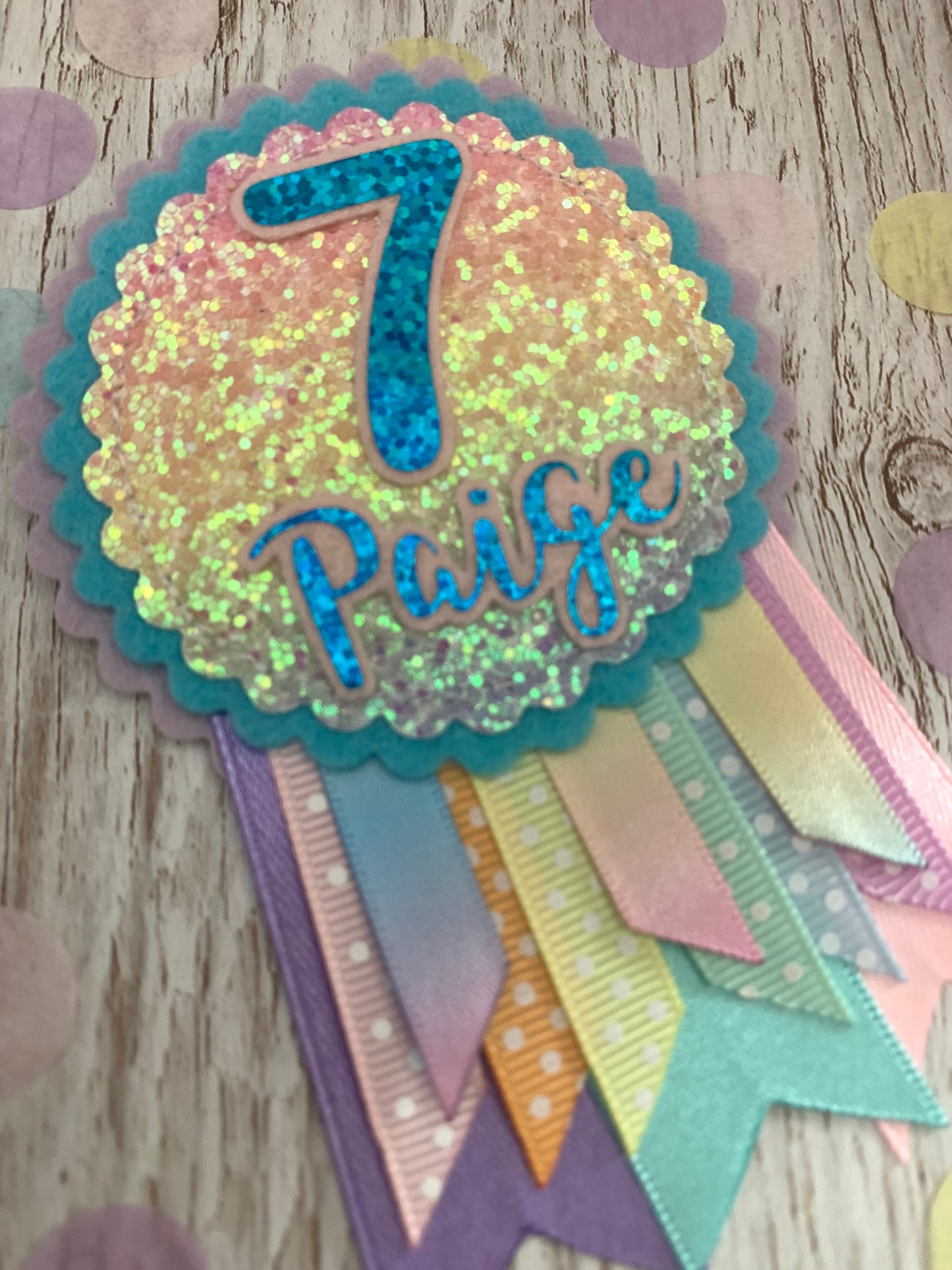 Pastel rainbow sparkle personalised birthday badge rosette, birthday badge, personalised birthday badge, name birthday badge